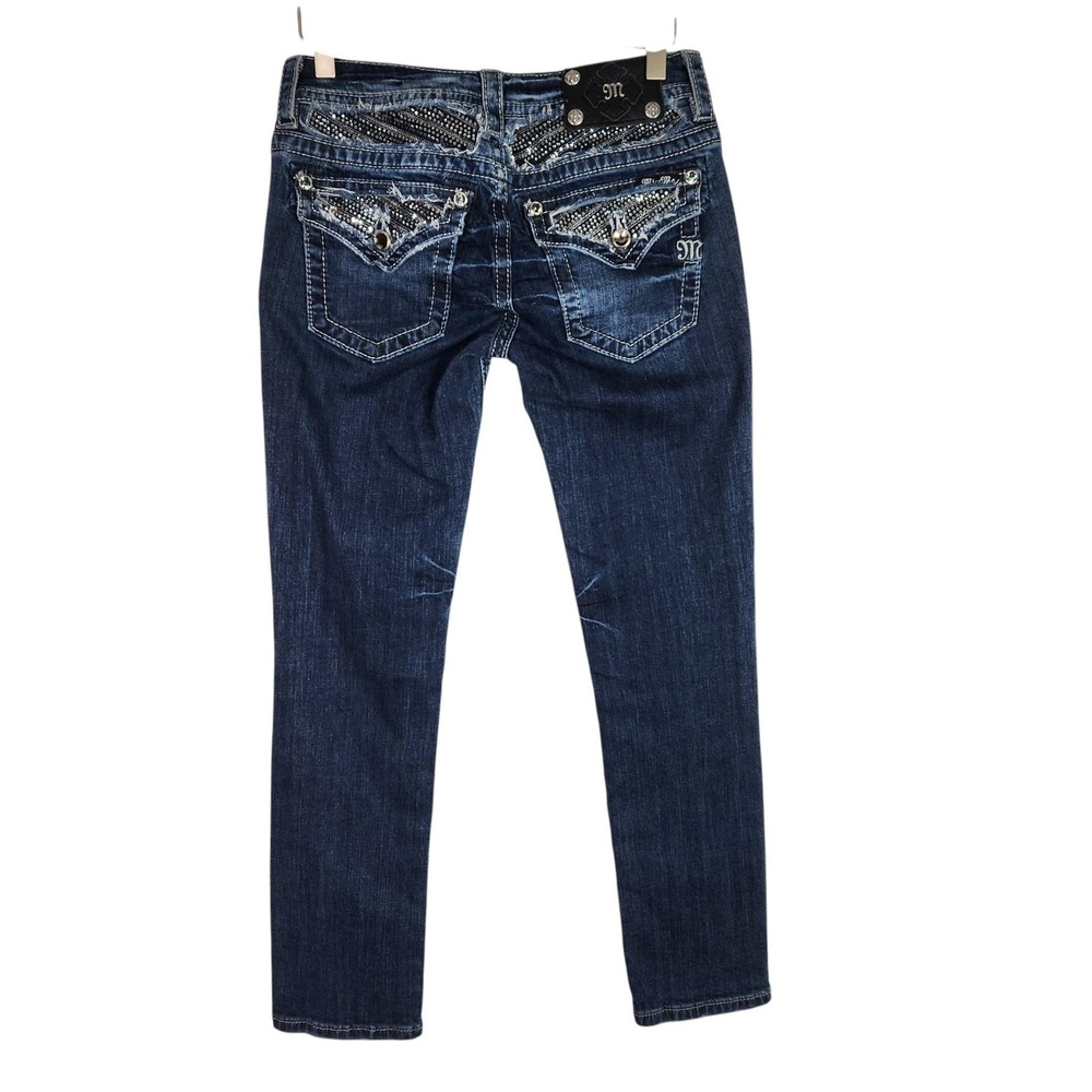 MISS ME Jeans Womens 27 Blue Signature Cropped Distressed Rhinestone JE8133C